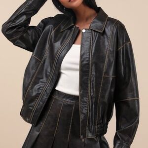 Lulus Coolest Era Dark Brown Oversized Vegan Leather Bomber Jacket - Size S